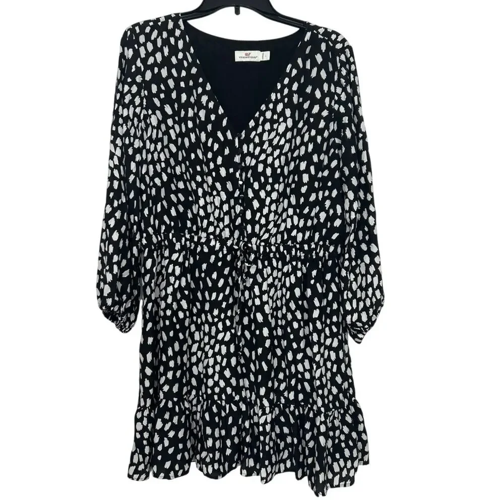 Vineyard Vines Black White Silk Blend Dress Large V Neck Long Sleeve Ruffle Hem - Picture 2 of 16